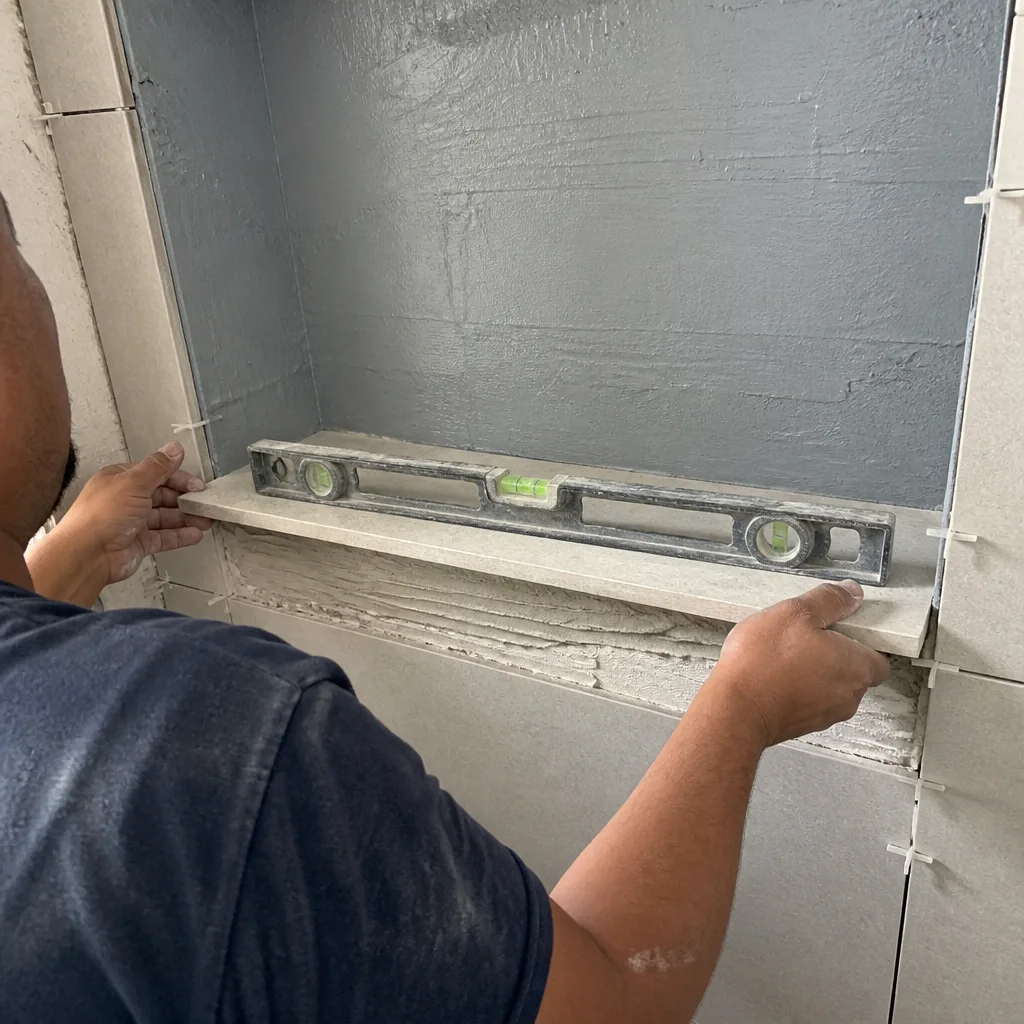 Contractor using a level while installing a tile shower niche shelf