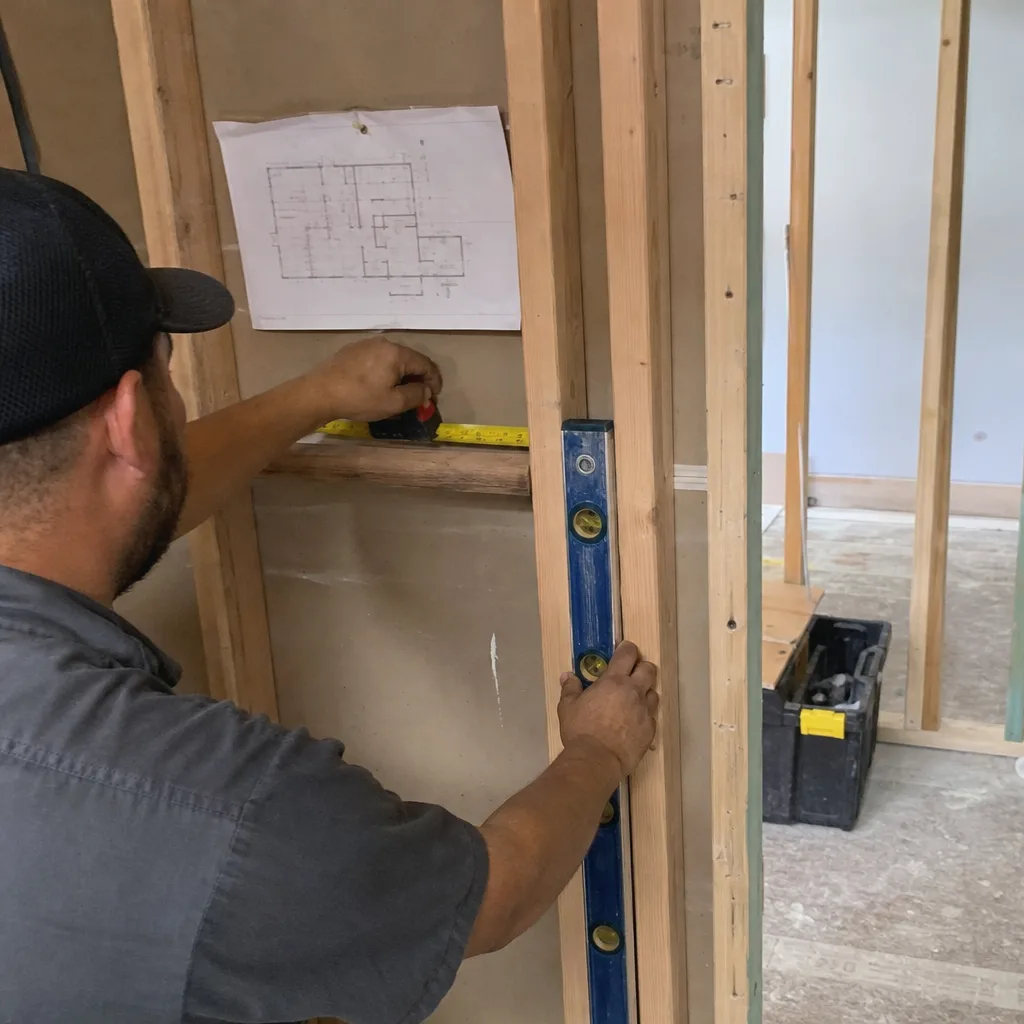 General contractor measuring and leveling wood wall framing at a job site
