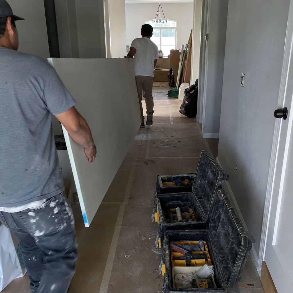Two contractors carrying drywall down a hallway during a home renovation.