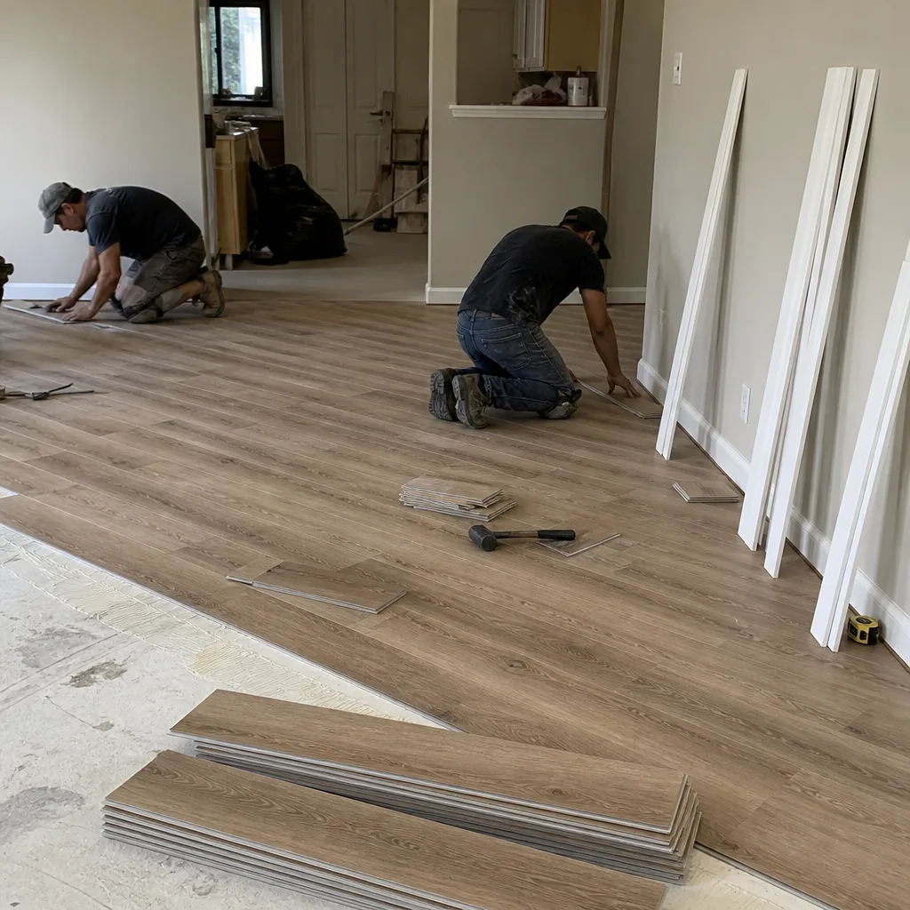Two professional contractors installing wood-look laminate flooring in a home renovation.