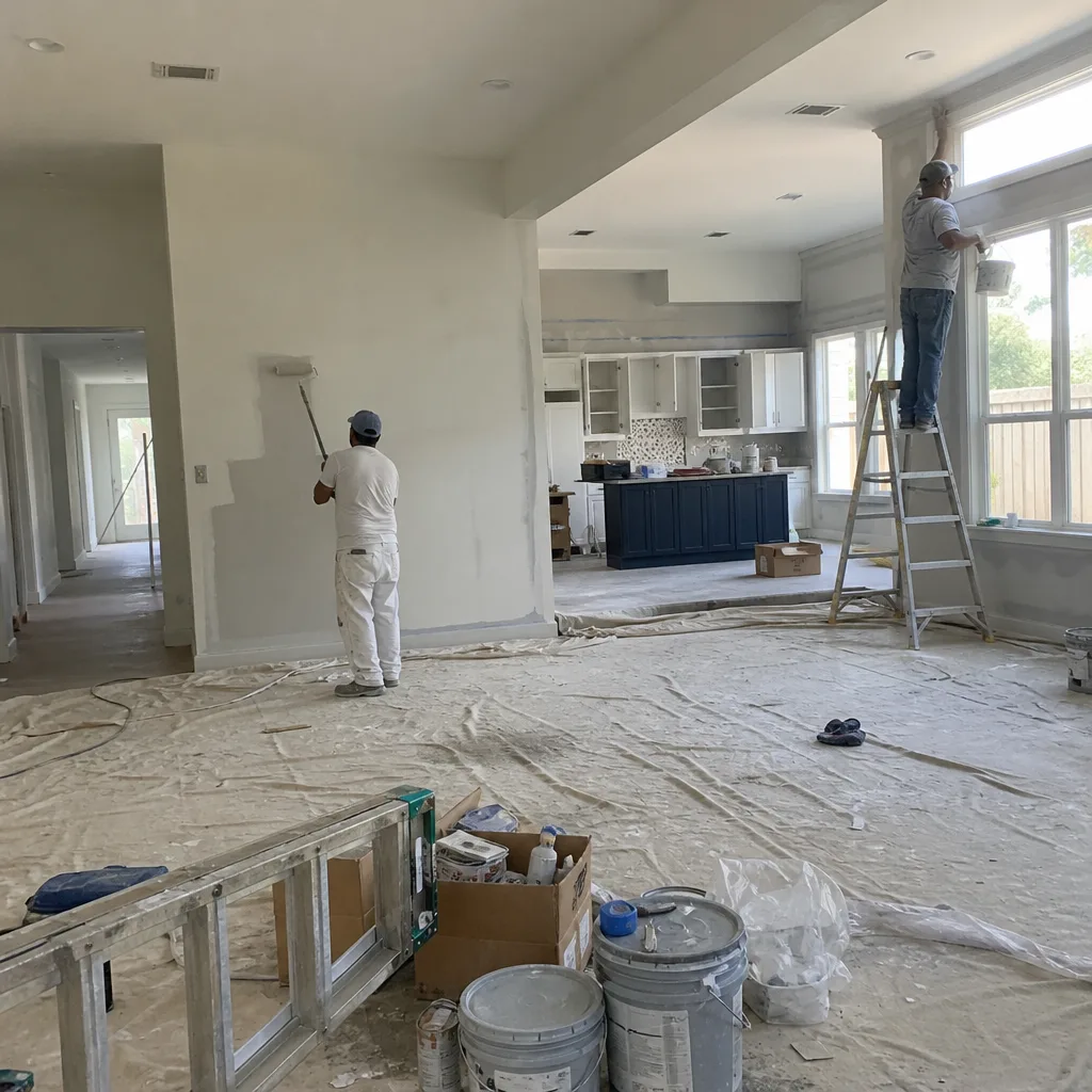 Professional painters working on interior home remodeling and wall painting