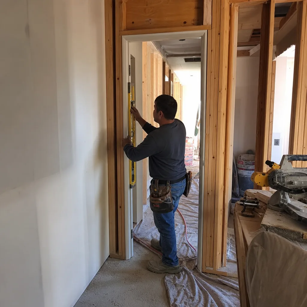 construction worker using level to install a door frame