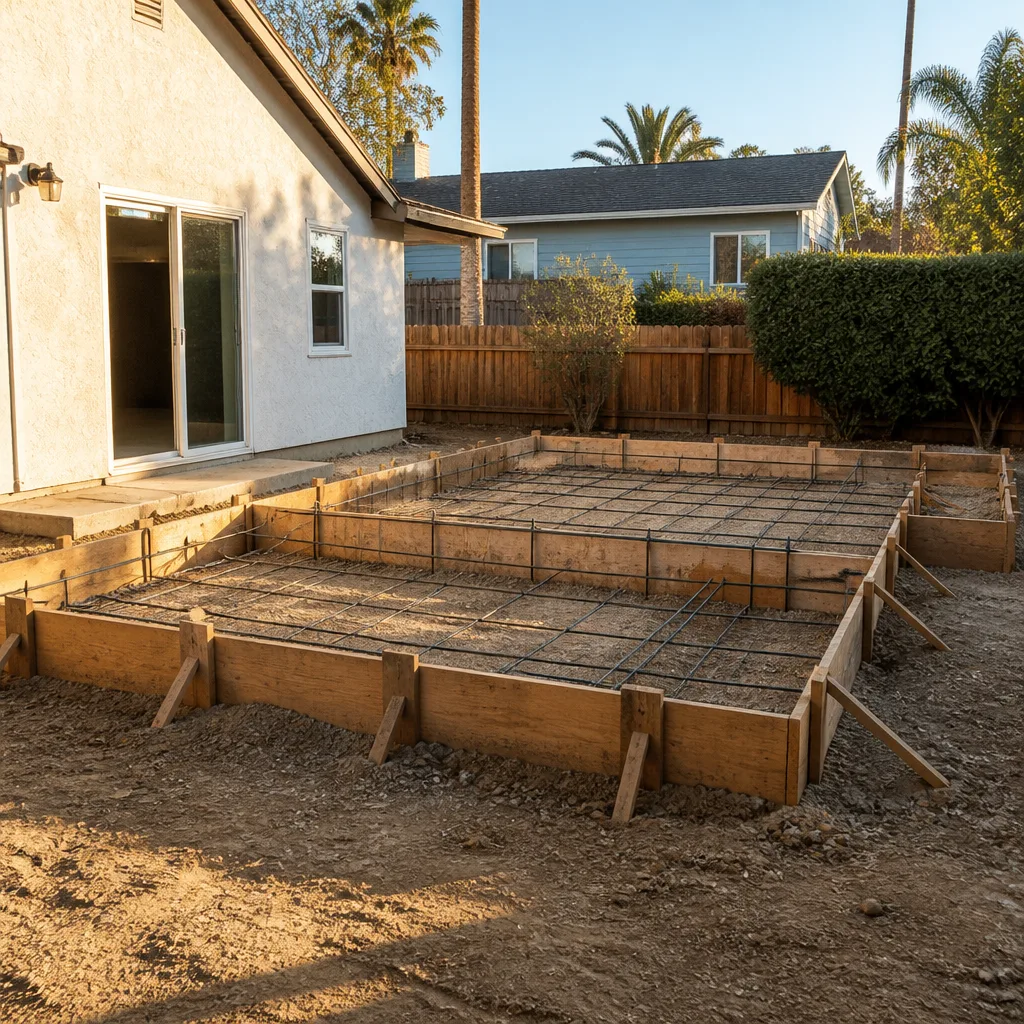 Footing forms with tied rebar for a home addition