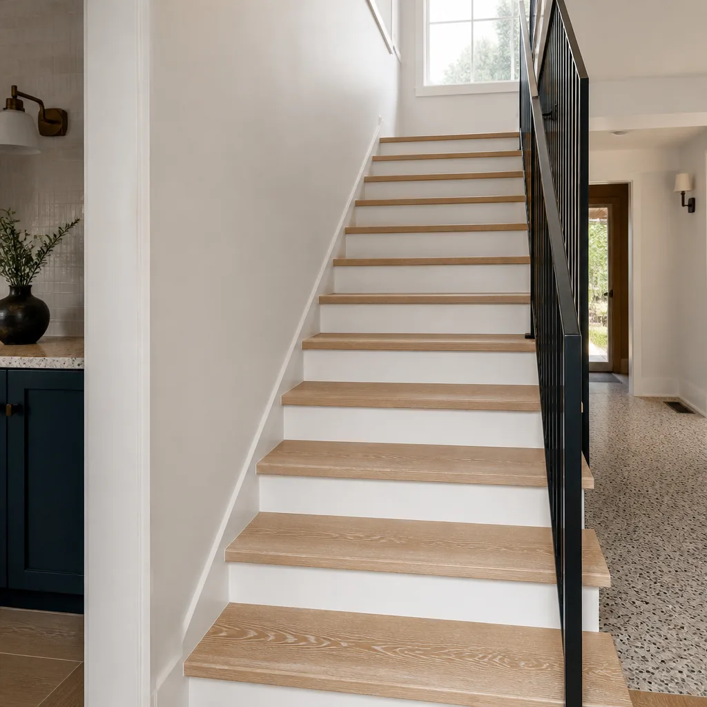 A remodeled staircase with wood treads and a slim metal railing