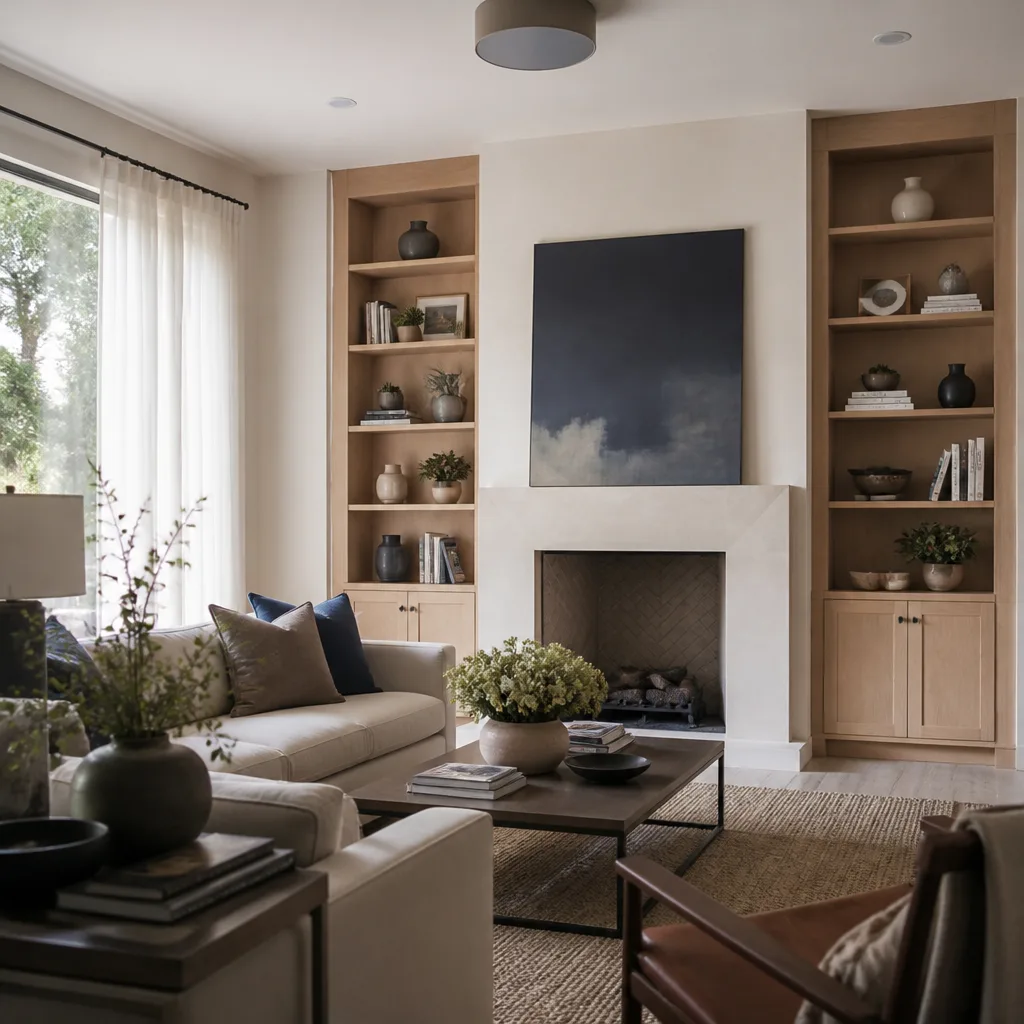 A remodeled living room with built-in shelves around the fireplace